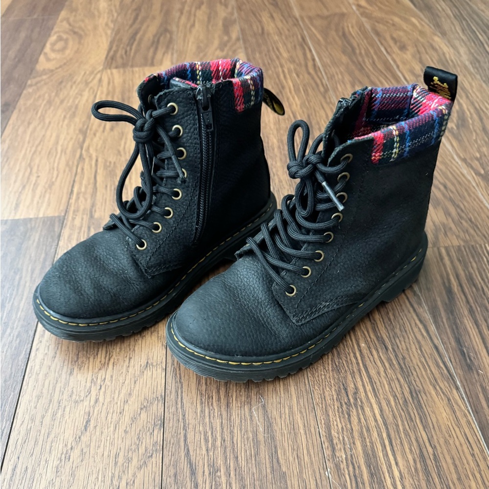Dr. Martens Black Kids Boots with Plaid Interior